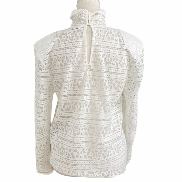 SANDRO HAMIA WHITE OPEN SHEER LACE MOCK NECK LONG SLEEVE SHOULDER PAD TOP - M - Picture 4 of 9